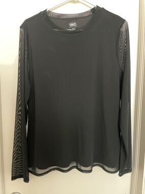 INC International Concepts Black Long Sleeve Sheer Mesh Paneled Top